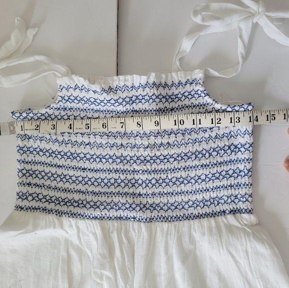 Lucky Brand White & Blue Sleeveless Tiered Boho Linen Blend Smocked Maxi Dress - Picture 6 of 10